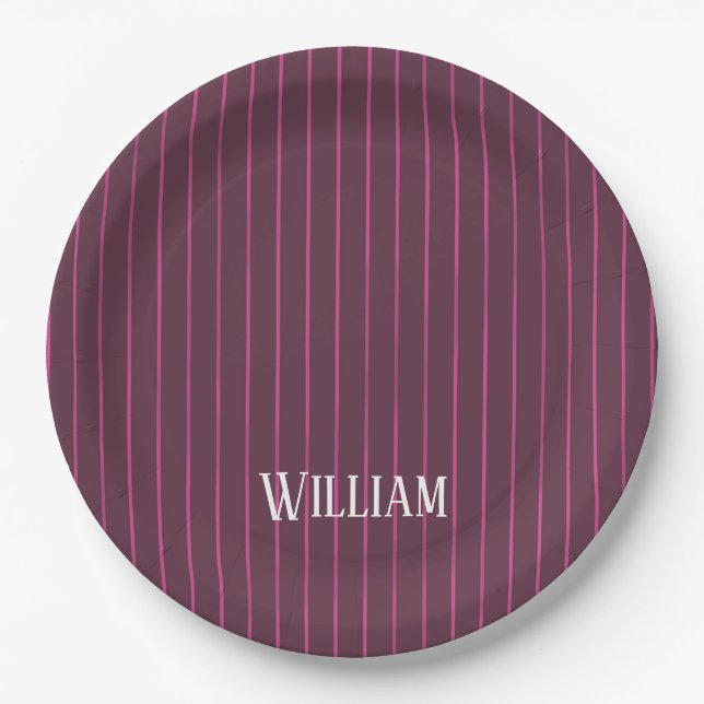 Personalized burgundy pinstripes paper plate (Front)