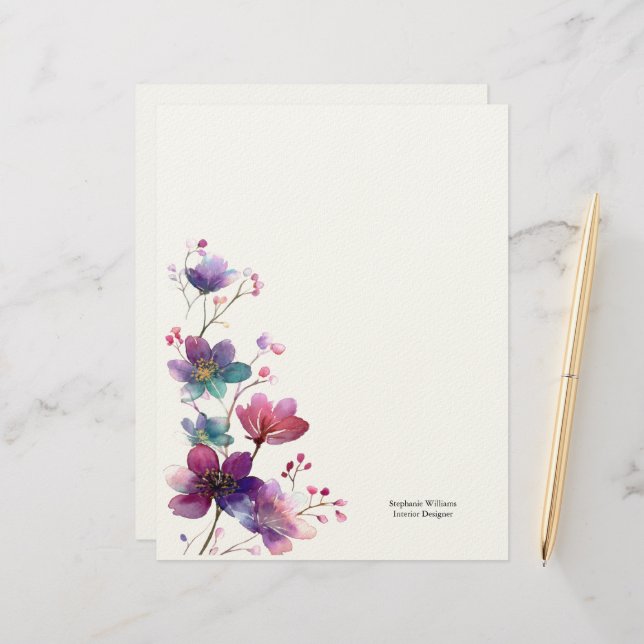 Personalized Burgundy Purple Wildflowers Florals  Custom Letterhead (Front/Back In Situ)