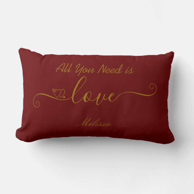 Personalized Burgundy Red Gold Love Quote Lumbar Cushion (Front)