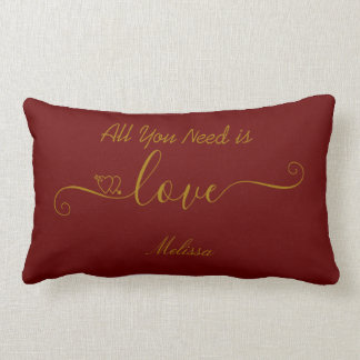 Personalized Burgundy Red Gold Love Quote Lumbar Cushion