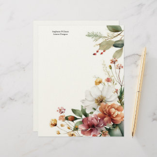 Personalized Burgundy Teal White Florals  Custom Letterhead