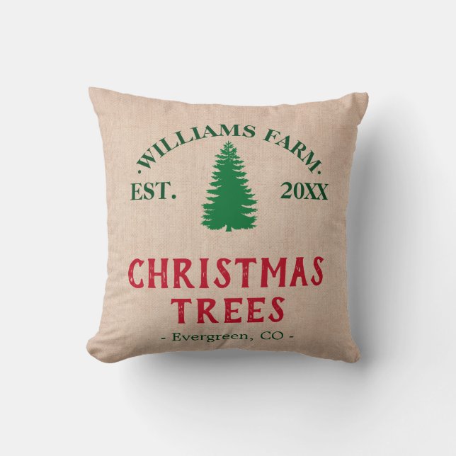 Personalized Burlap Christmas Tree Farm Cushion (Front)