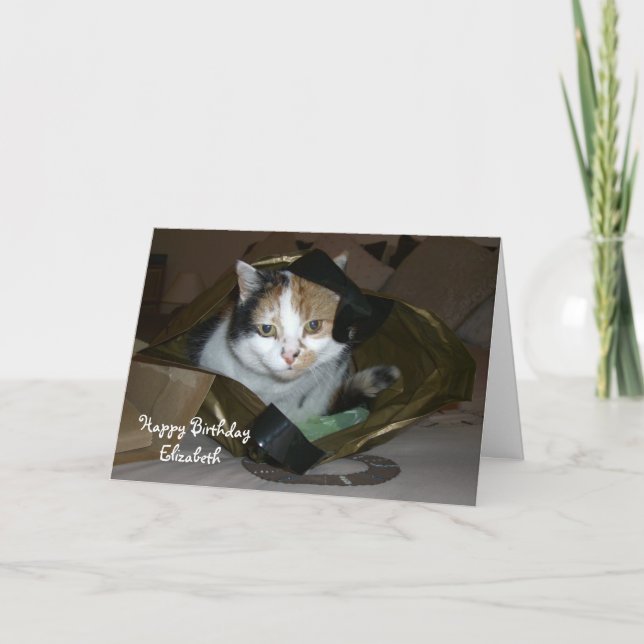 Personalized Calico cat in a shopping bag Birthday Card (Front)