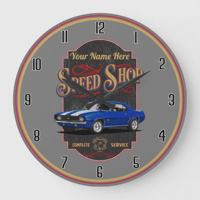 Personalized Camaro Speed Shop Blue Large Clock (Front)
