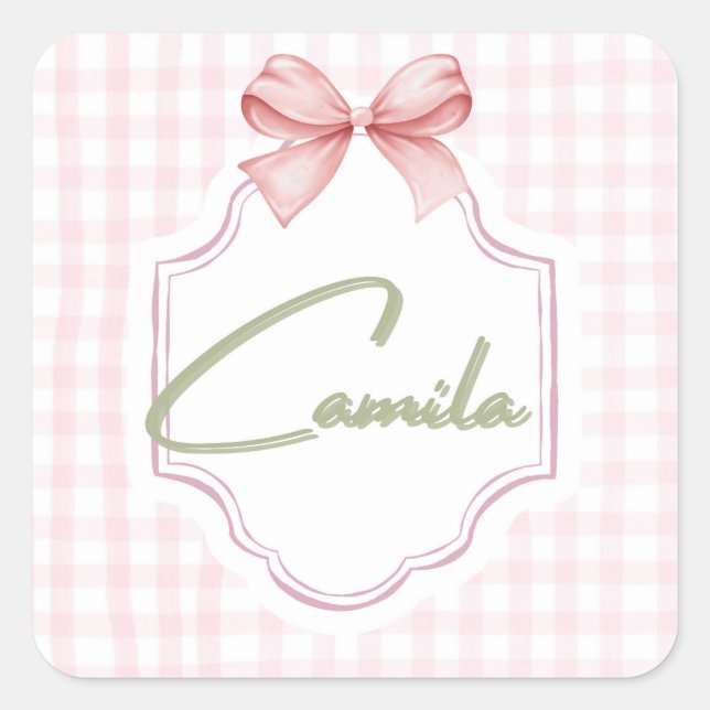Personalized Camila Baby Girl Nursery Bow&Gingham  Square Sticker (Front)