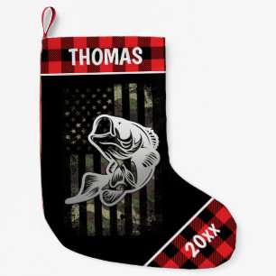 Personalized Camouflage Flag Bass Fishing Plaid Small Christmas Stocking