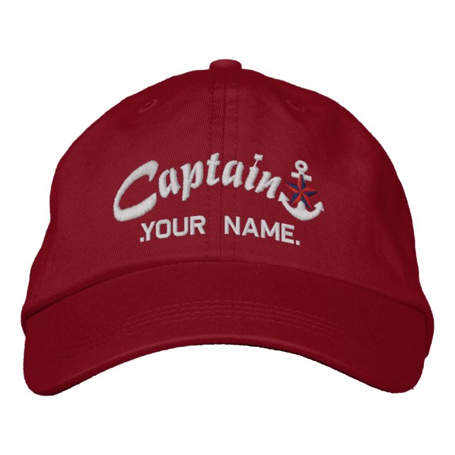 Personalized Captain Star Anchor Name White Embroidered Hat (Front)