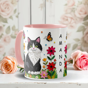 Personalized Cat, Flowers and Butterflies   Mug