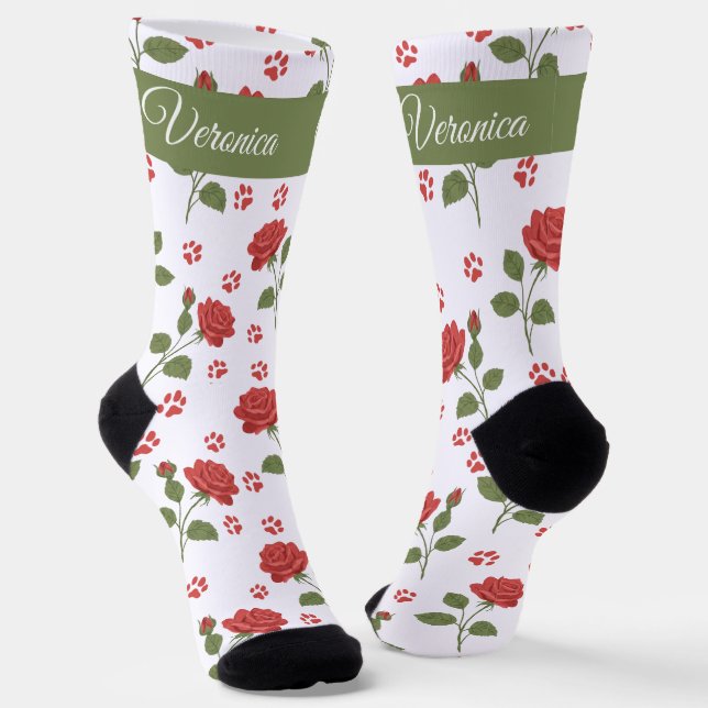 Personalized Cat Lover Socks with Name | Red Roses (Angled)