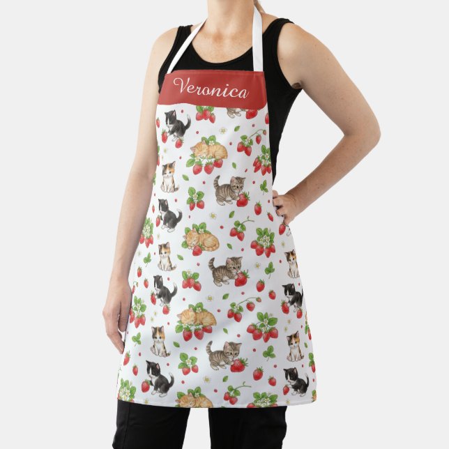 Personalized Cat Mom Strawberry Kitten Kitchen  Apron (Insitu)