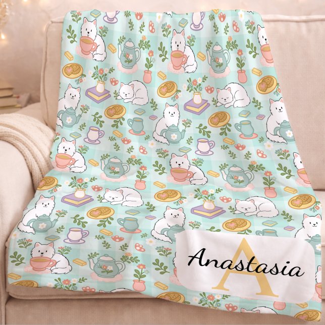 Personalized  Cat Monogram Name Pastel High Tea Fleece Blanket (Creator Uploaded)