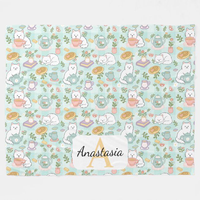 Personalized  Cat Monogram Name Pastel High Tea Fleece Blanket (Front (Horizontal))