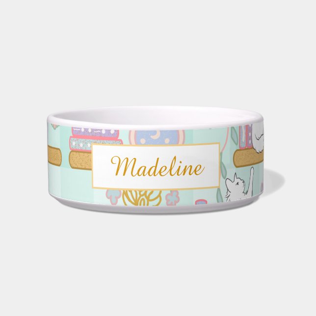 Personalized Cat Name Green Library Bowl Ceramic (Front)