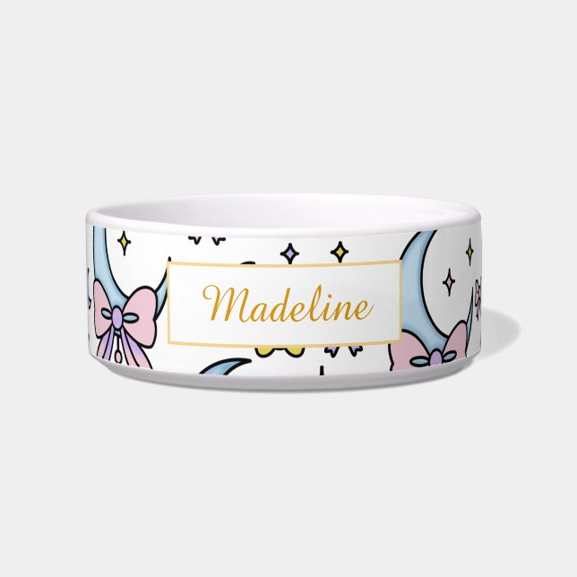 Personalized Cat Name Moon Bows White Bowl Ceramic (Front)