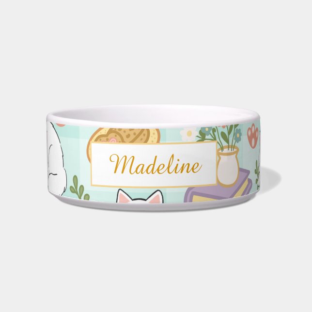 Personalized Cat Name Pastel Green Bowl Ceramic (Front)