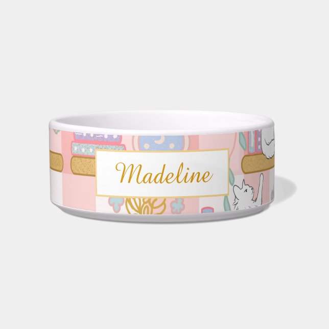 Personalized Cat Name Pink Library Bowl Ceramic (Front)