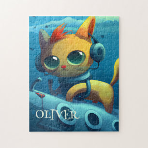 PERSONALIZED CAT SUBMARINE WHIMSICAL FANTASY JIGSAW PUZZLE