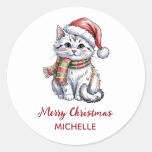 Personalized Cat with Santa Hat Christmas Classic Round Sticker