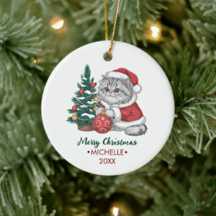Personalized Cat with Santa Hat Christmas tree     Ceramic Ornament