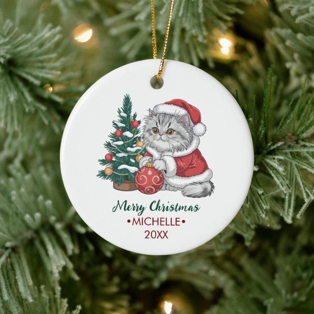 Personalized Cat with Santa Hat Christmas tree     Ceramic Ornament (Tree)