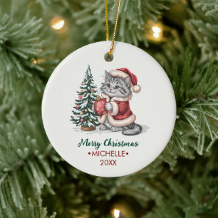 Personalized Cat with Santa Hat Christmas tree     Ceramic Ornament