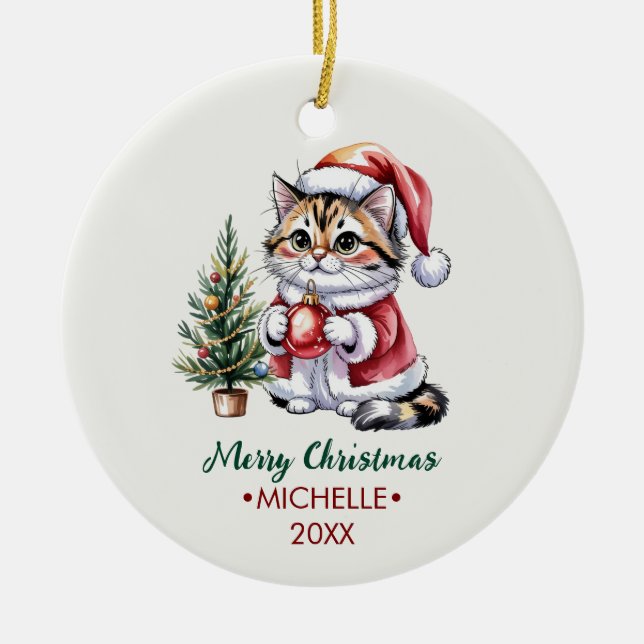 Personalized Cat with Santa Hat Christmas tree     Ceramic Ornament (Front)