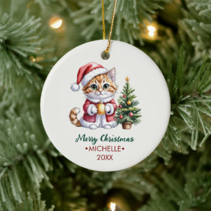 Personalized Cat with Santa Hat Christmas tree     Ceramic Ornament