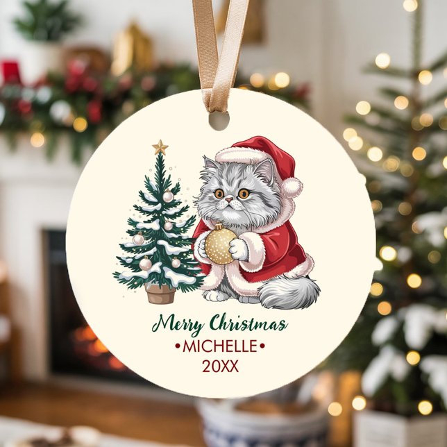 Personalized Cat with Santa Hat Christmas tree     Ceramic Ornament (Creator Uploaded)