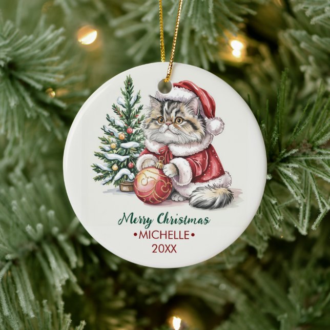 Personalized Cat with Santa Hat Christmas tree     Ceramic Ornament (Tree)