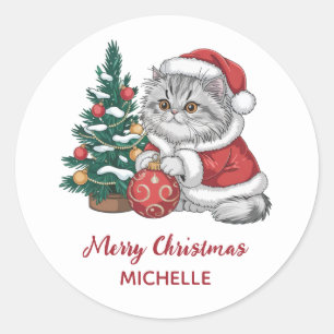 Personalized Cat with Santa Hat Christmas tree Classic Round Sticker