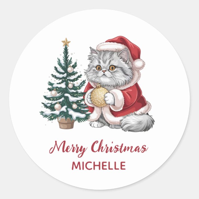 Personalized Cat with Santa Hat Christmas tree  Classic Round Sticker (Front)