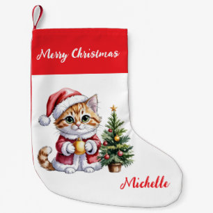Personalized Cat with Santa Hat Christmas tree Small Christmas Stocking