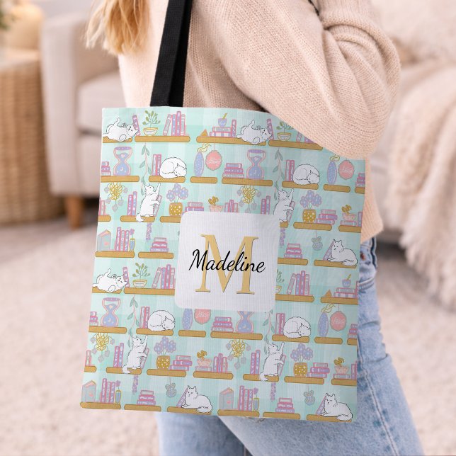 Personalized Cats Library Book Girly Mint Green Tote Bag (Creator Uploaded)