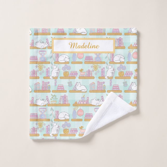 Personalized Cat's Library Bookish Pastel Green Wash Cloth (Wash Cloth)