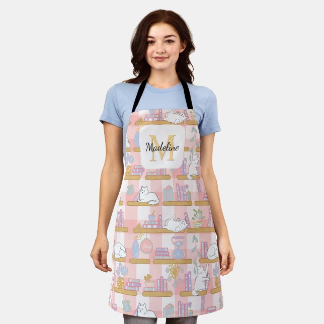 Personalized Cats Library Books Girl Kitchen Pink Apron (Worn)
