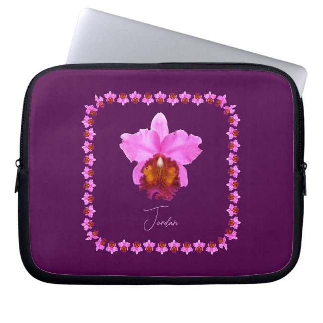 Personalized Cattleya Orchid Motif Print Laptop Sleeve (Front)