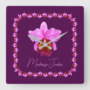 Personalized Cattleya Orchid Motif Print Square Wall Clock