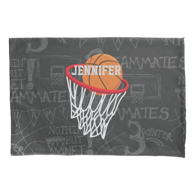 Personalized Chalkboard Basketball and Hoop Pillowcase (Front)
