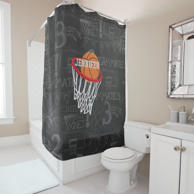 Personalized Chalkboard Basketball and Hoop Shower Curtain (In Situ)