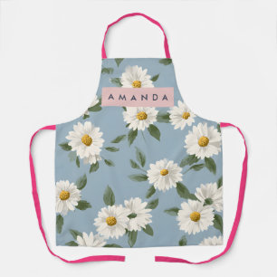 Personalized Charming White Daisies on Dusty Blue Apron