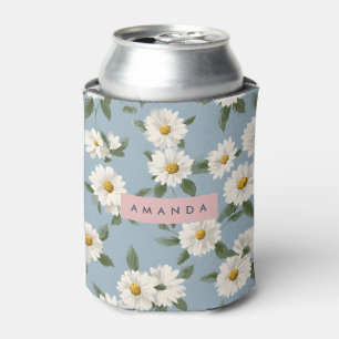 Personalized Charming White Daisies on Dusty Blue Can Cooler