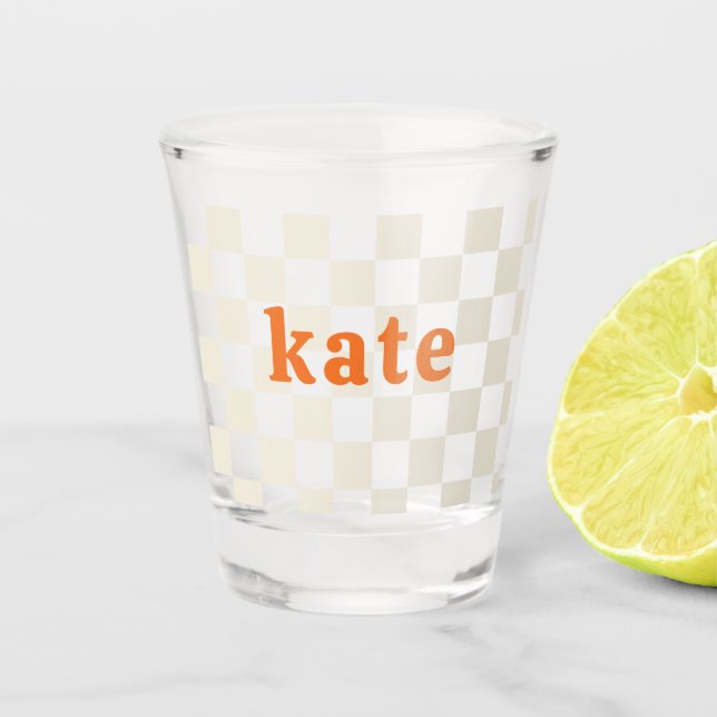 Personalized checkerboard party birthday gift shot glass (Front)