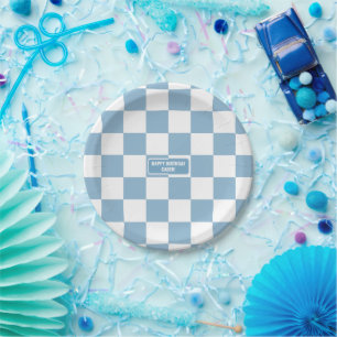 Personalized Checkered Iris Baby Blue Paper Plate