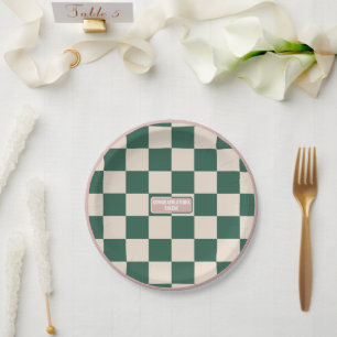 Personalized Checkered Pink & Green Paper Plate