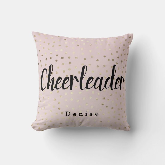 Personalized Cheerleader Pink and Gold Polka Dots Cushion (Front)