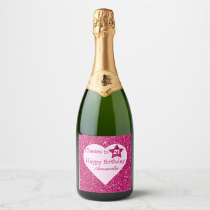 Personalized Cheers to 21st Birthday Pink Glitter  Sparkling Wine Label