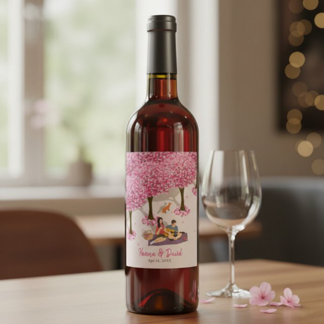 Personalized Cherry Blossom Picnic Wedding  Wine Label (Creator Uploaded)