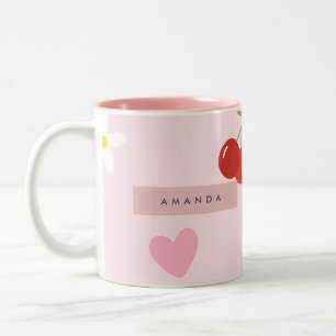 Personalized Cherry, Daisy & Pink Heart Pattern Two-Tone Coffee Mug