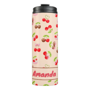 Personalized Cherry Dessert Pattern Cute Name Thermal Tumbler