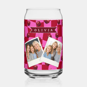 Personalized Cherry Gingham Retro Custom Name Can Glass